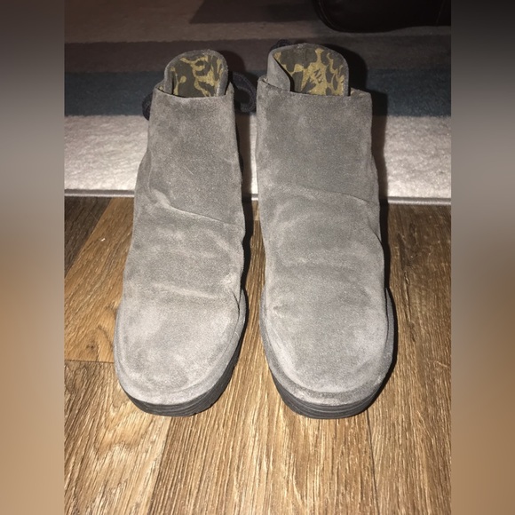 Fly London diesel grey suede ruched ankle boot